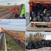 Cantități mari de gunoaie, adunate de drumari de pe marginea autostrăzii, în apropiere de Nădlac II
